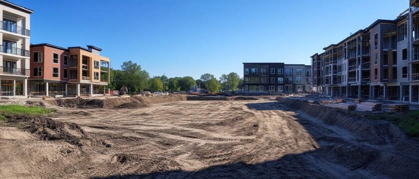 Construction Site for Apartment Complex Under Bright Blue Sky