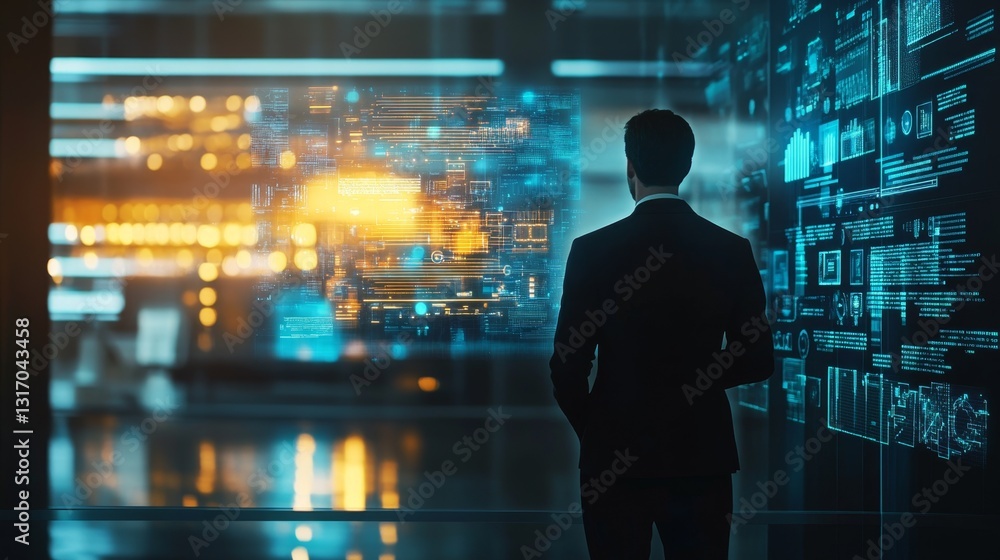 Poster futuristic office with soft glow and digital interface elements
