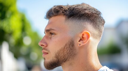 Obraz premium A man with short, straight hair perfectly styled after a haircut . 