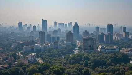 Aerial View of a Bustling Urban Skyline Surrounded by Lush Green Trees on a Hazy Morning