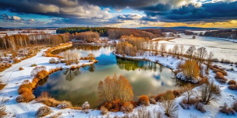 Fototapeta premium Frozen pond's brown water, a snowy, icy embrace viewed from above.