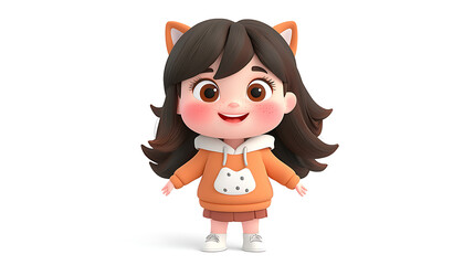 A cartoon girl with long brown hair and a cat hoodie is smiling