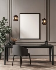 Interior office space with elegant decor desk chair and blank picture frame. The room features grey walls and decorative lamps with plants