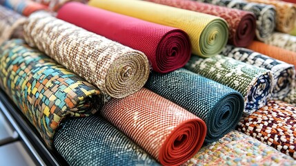 Rolled rugs displayed, colorful patterns