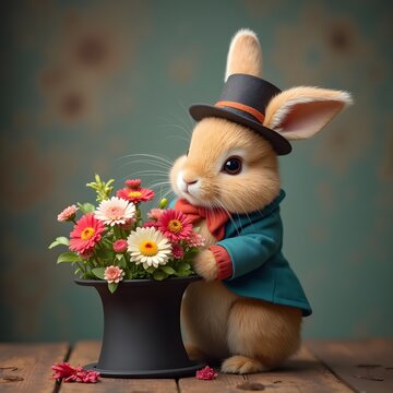 a fluffy rabbit in a magicians outfit happily pulling a flower bouquet out of a hat looking proud
