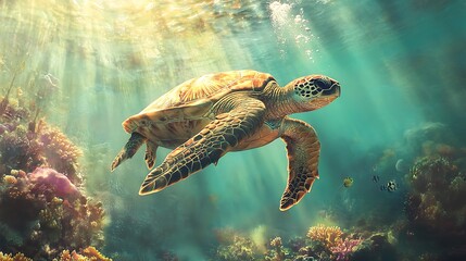 Obraz premium A diver swimming alongside a majestic sea turtle in an underwater paradise filled with coral and sunlight