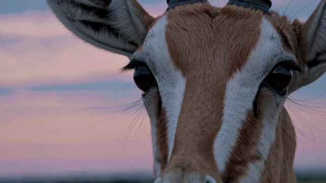 Gerenuk gracefully standing in golden-hued African savanna, watching intently with elegant profile against vibrant sunset sky