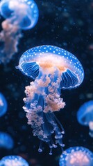 Obraz premium Ethereal jellyfish gracefully drifting in the deep ocean with bioluminescent glow in a dark blue background aquatic marine life