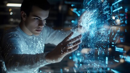 A man engaging with a holographic screen in a futuristic setting, representing cutting-edge technology and modern design