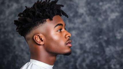 African American man with stylish fade in barbershop on dark background . 