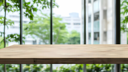 Fototapeta premium Empty Light Brown Wooden Table Against Blurred City View Through Window With Green Trees In Modern Office Interior Design For Product Display