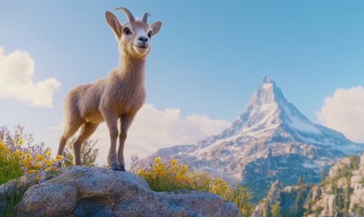 Obraz premium Ibex kid on rock, mountain backdrop, sunny sky, wildlife scene, nature image