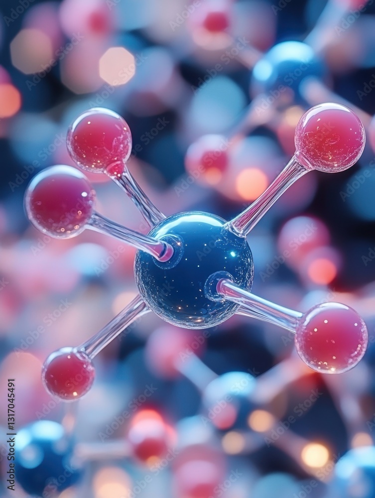 Poster abstract molecular structure with vibrant spheres and connecting rods in a dynamic arrangement scien