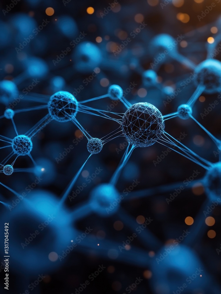 Poster abstract depiction of interconnected blue spheres representing network science and technology advanc