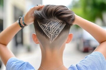 Naklejka premium Barber creates a stylish pattern on the client's short hair . 