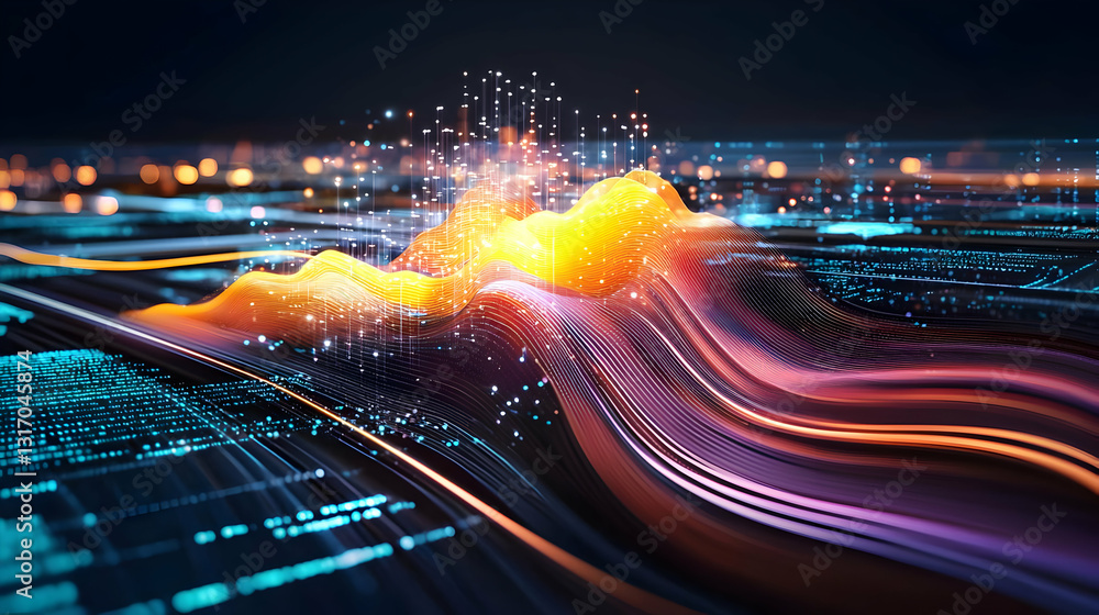 Poster 3d render digital abstract landscape with orange peak blue data streams and glowing particles