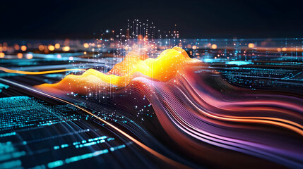 3D Render Digital Abstract Landscape With Orange Peak Blue Data Streams And Glowing Particles