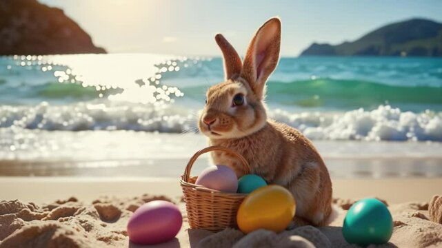 Easter Bunny with Easter eggs on the beach