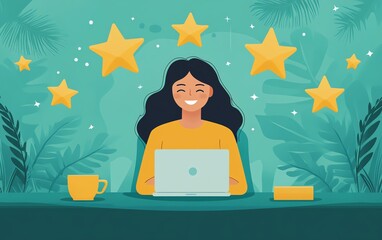 Satisfied customer writing a glowing online review, praising product benefits, bright and positive feedback, digital platform, consumer approval, product excellence