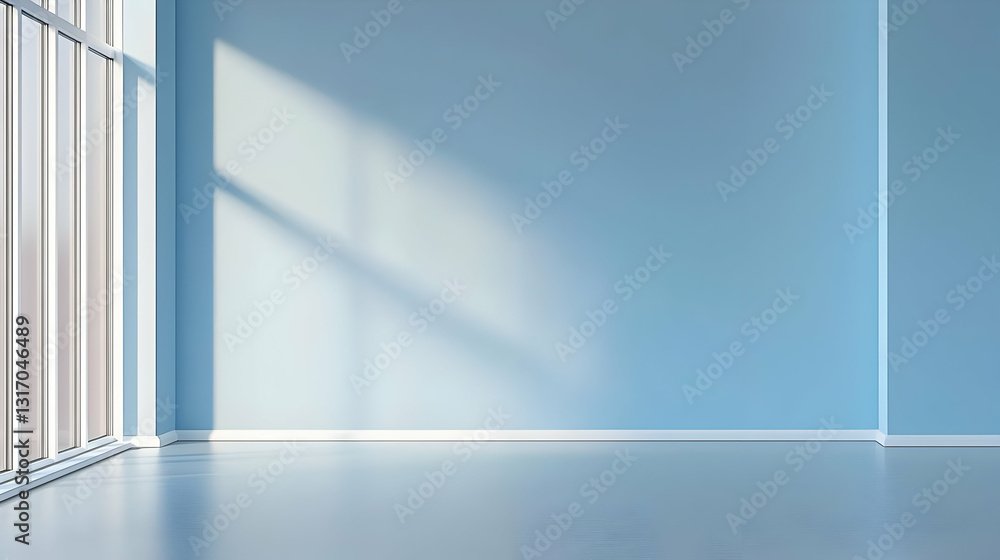 Poster sunlit empty room with light blue walls white floor and large window in modern minimalist style inte