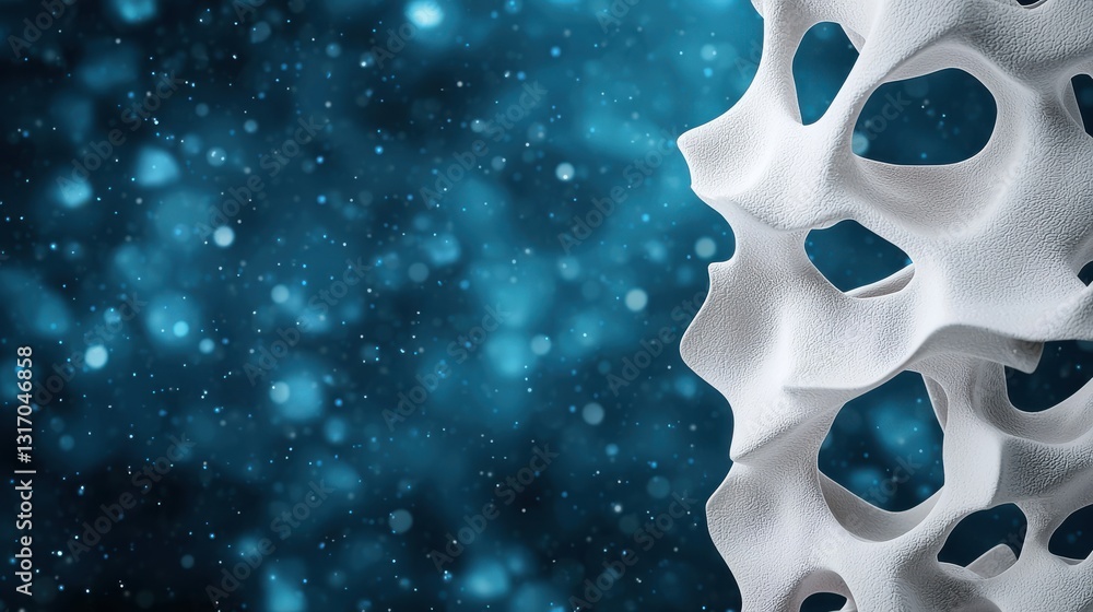 Poster an abstract close-up of a textured white structure against a blue bokeh background, emphasizing dept