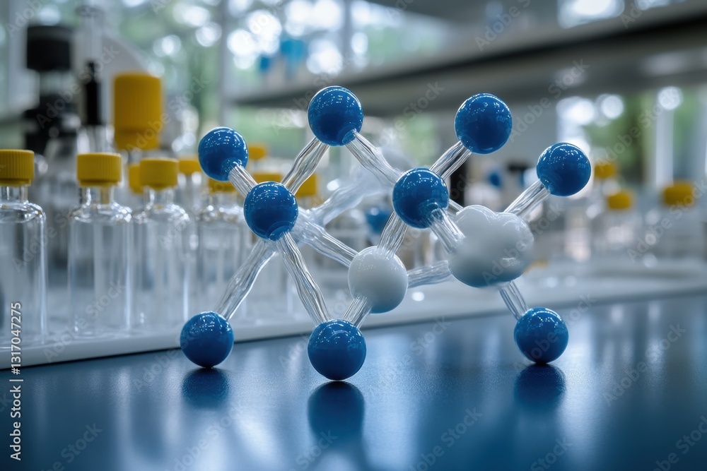 Aufkleber molecular structure model on lab table with glass vials and blurred background in a science laborato
