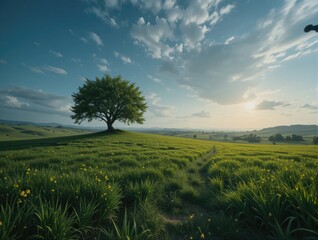 Obraz premium Isolated Tree on a Hill Surrounded by Flowering Meadow Under a Vibrant Sky at Sunset