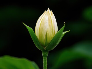 Obraz premium Delicate Creamy White Flower Bud Emerging Against a Dark Green Backdrop, Floral Beauty