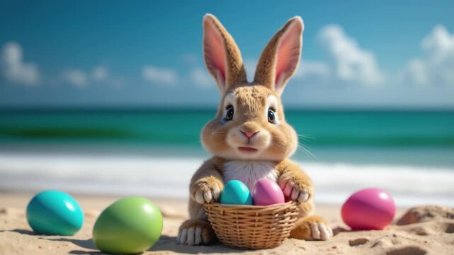 Easter Bunny with Easter eggs on the beach