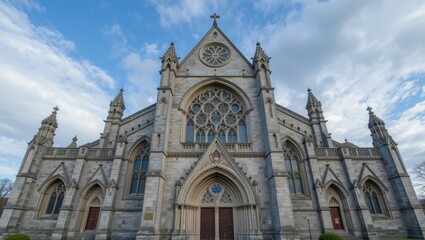 Majestic Gothic Church with Intricate Stained Glass Windows Under a Dramatic Sky