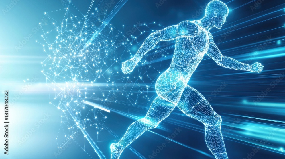Poster a digital representation of a runner in motion, showcasing a futuristic, glowing figure surrounded b