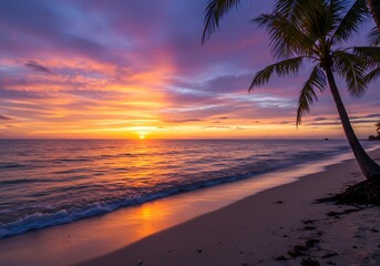 Fototapeta premium Stunning Golden Hour Sunset Over Serene Beach – Vibrant Sky, Silhouetted Palm Trees, and Calm Waves for Travel, Nature, or Summer-Themed Projects