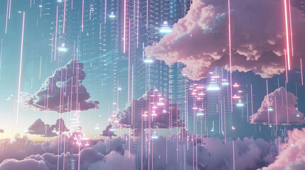 Obraz premium A colorful sky with a lot of clouds and neon lights. The sky is pink and purple, and the clouds are white. The neon lights are scattered throughout the sky