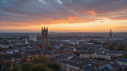 Naklejka premium Panoramic View of Historic City Skyline at Sunset with Colorful Sky and Clouds