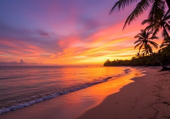 Stunning Golden Hour Sunset Over Serene Beach – Vibrant Sky, Silhouetted Palm Trees, and Calm Waves for Travel, Nature, or Summer-Themed Projects