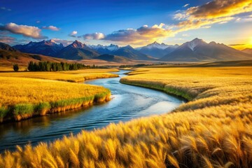 Naklejka premium Golden fields meet serene river, mountains rise in peaceful vista.