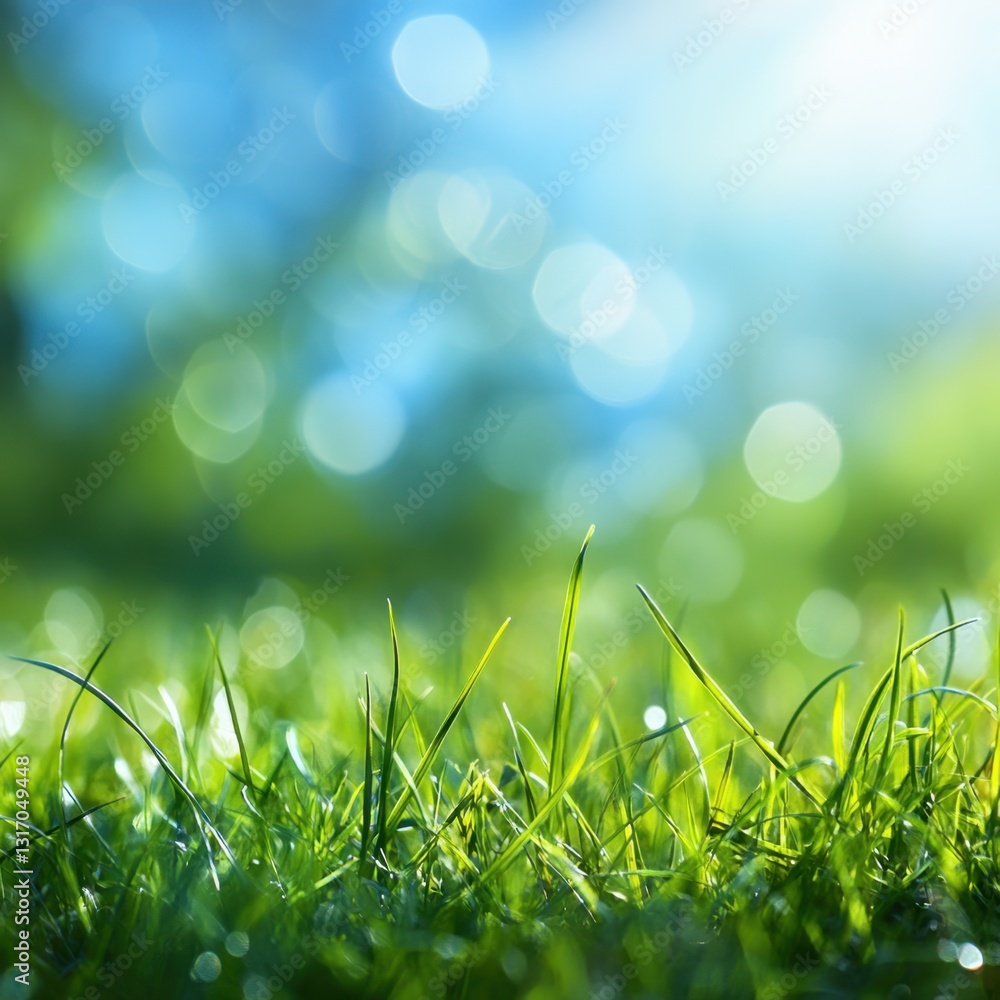 Poster lush green grass illuminated by sunlight with a bokeh background creating a serene and natural atmos