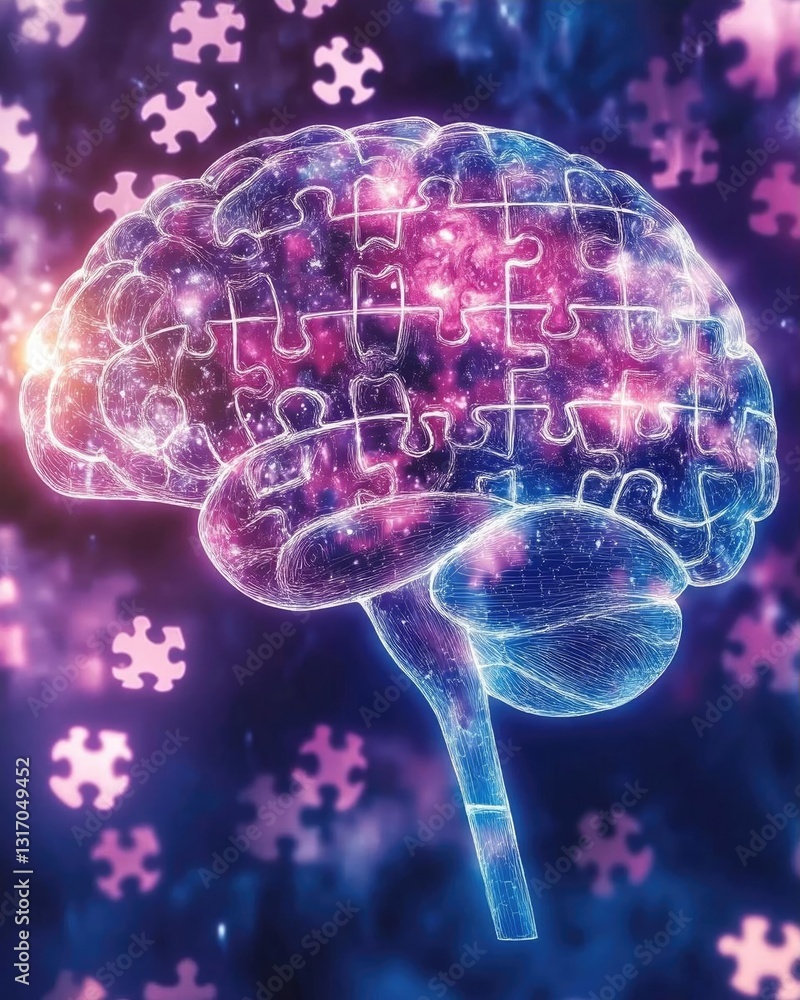 Poster abstract representation of a brain with puzzle pieces, symbolizing cognitive processes and creativit