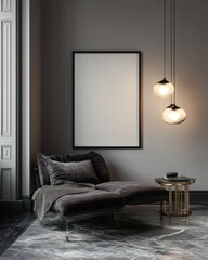 Elegant interior design with chaise lounge and modern art frame beside decorative side table and pendant lamps against gray walls in a minimalist living room