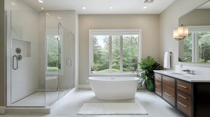 Fototapeta premium Modern White Bathroom With Soaking Tub Glass Shower And Natural Light Through Large Window