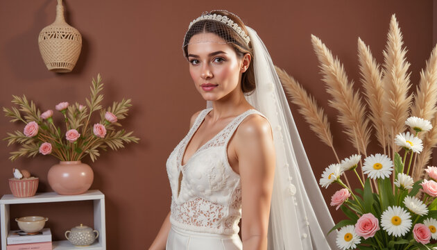 Bride adjusting her tiara and lace veil in front of a mirror at a wedding boutique during a luxury bridal expo