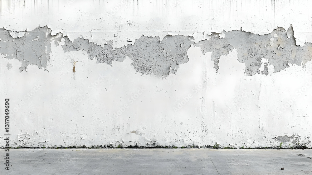 Poster grungy weathered white concrete wall with gray concrete floor and sparse grass visible at the base i