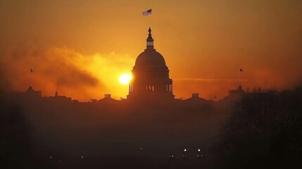 American flag flying above U.S. Capitol building during sunrise, symbolizing freedom and national pride.