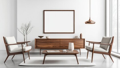 Mid-century modern living room with wooden furniture white walls large window and neutral color palette. The room features a coffee table two armchairs and a sideboard