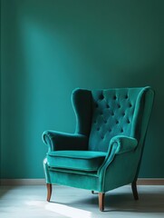 Elegant emerald green velvet armchair in a minimalist room with soft light creating a tranquil and sophisticated atmosphere
