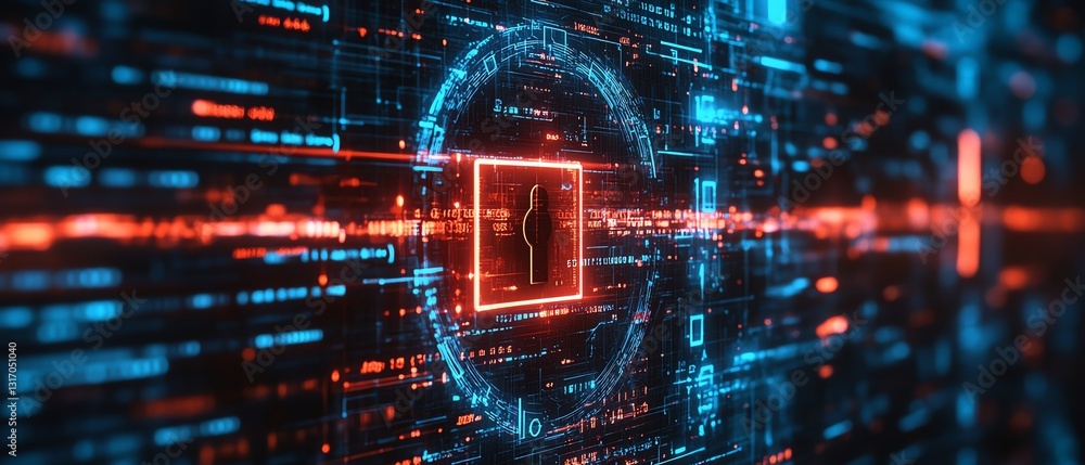 Poster advanced digital lock and shield protecting data, surrounded by streaming binary code, futuristic cy