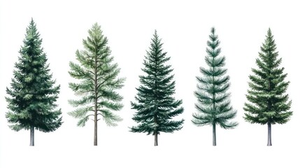 Five Evergreen Trees, White Background, Design Resource