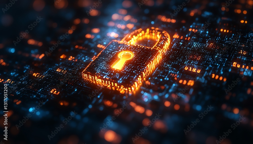 Poster advanced digital shield with a metallic lock, safeguarding against cyber attacks, flowing data strea