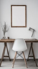 Interior office workspace design with wooden desk chair lamp and plant against white wall with frame