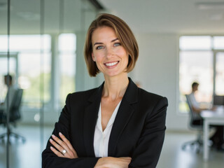 A portrait headshot photo of a professional CEO executive business worker: A professional woman in a black blazer smiles at the camera in an office setting